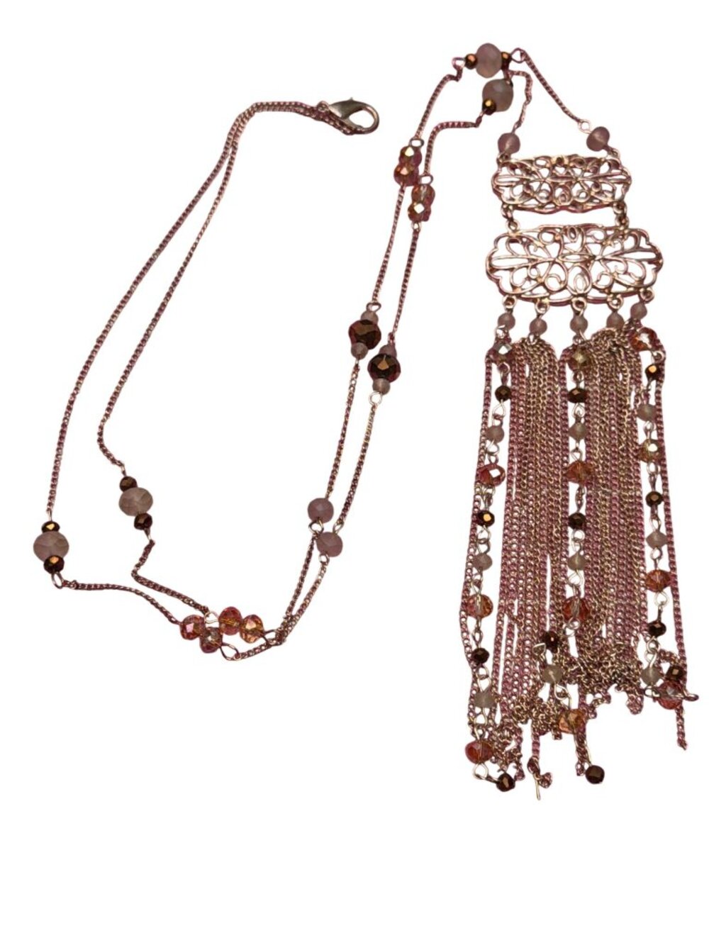 Gold Tone Long Pendant Tassel Necklace Opaque Amber Colored Beads 34"